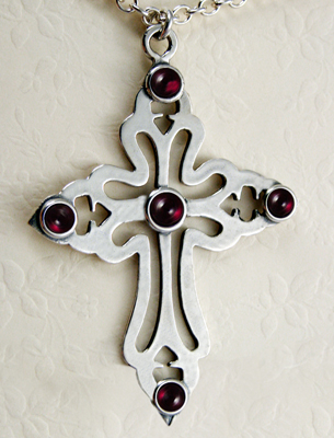 Sterling Silver Large Cross Pendant Necklace with Garnet